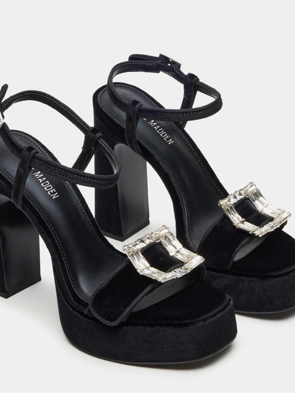 Steve Madden Black Velvet Platform Sandals with Crystal Buckle